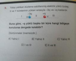 9. Yatay yalıtkan düzleme sabitlenmiş elektrik yüklü özdeş
X ve Y kürelerinin yükleri sırasıyla -3q ve +q kadardır.
-3q
+q
I
11
D) I ve III
Y
Buna göre, -q yüklü başka bir küre hangi bölgeye
konulursa dengede kalabilir?
(Sürtünmeler önemsizdir.)
A) Yalnız 1
B) Yalnız II
|||
E) II ve III
C) Yalnız