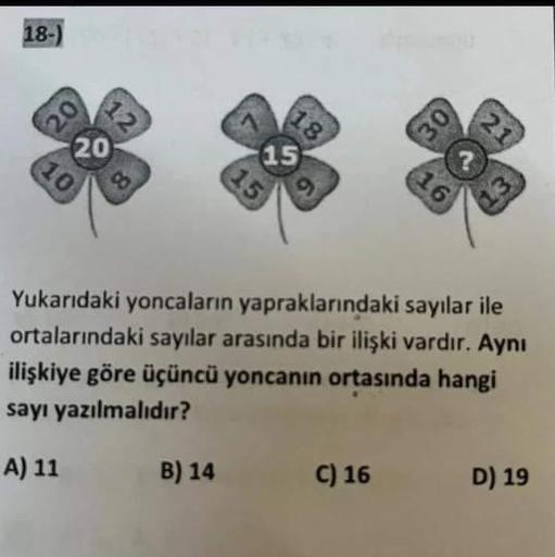 18-) 303
20
20
10
80
15
B) 14
15
18
30
C) 16
?
16
Yukarıdaki yoncaların yapraklarındaki sayılar ile
ortalarındaki sayılar arasında bir ilişki vardır. Aynı
ilişkiye göre üçüncü yoncanın ortasında hangi
sayı yazılmalıdır?
A) 11
21
D) 19