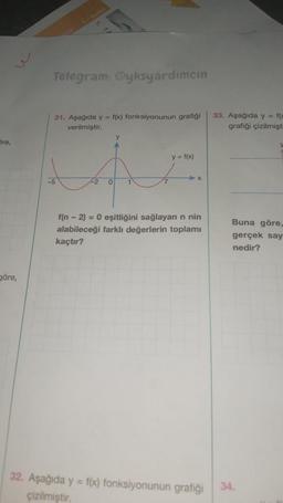Ore,
göre,
Telegram: @yksyardimcin
31. Aşağıda y = f(x) fonksiyonunun grafiği
verilmiştir.
-5
42 0
y
A
1
y = f(x)
➤X
f(n - 2) = 0 eşitliğini sağlayan n nin
alabileceği farklı değerlerin toplamı
kaçtır?
33. Aşağıda y = f(x
grafiği çizilmişti
Buna göre,
gerçek say
nedir?
32. Aşağıda y = f(x) fonksiyonunun grafiği 34.
çizilmiştir.