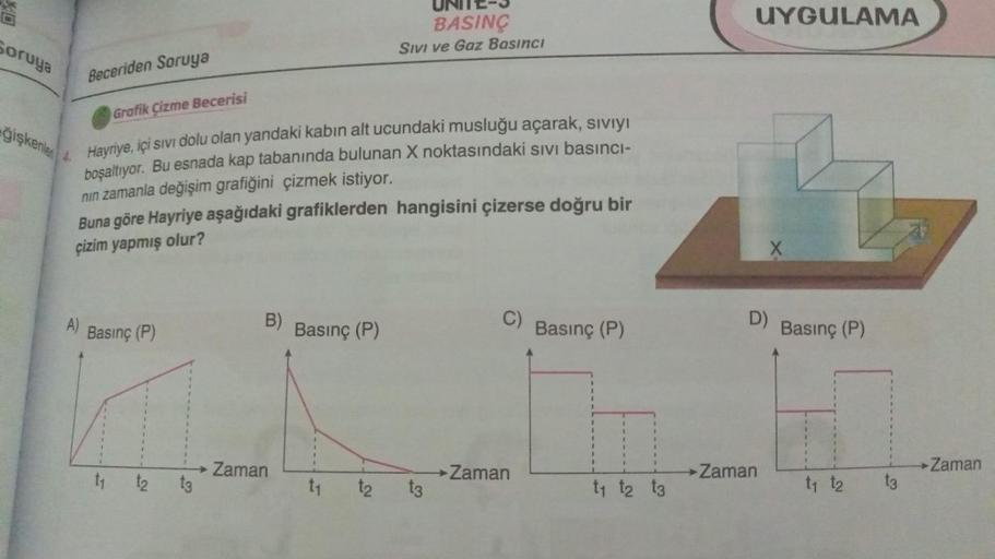 Soruya
eğişkenle
Beceriden Soruya
A)
Grafik Çizme Becerisi
Hayriye, içi sıvı dolu olan yandaki kabın alt ucundaki musluğu açarak, sıvıyı
boşaltıyor. Bu esnada kap tabanında bulunan X noktasındaki sıvı basıncı-
nın zamanla değişim grafiğini çizmek istiyor.
