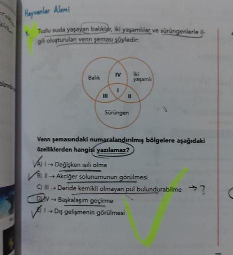 Hayvanlar Alemi
1.
Tuzlu suda yaşayan balıklar, iki yaşamlılar ve sürüngenlerle il-
gili oluşturulan venn şeması şöyledir:
Balık
VA
VA)
IV
Sürüngen
Venn şemasındaki numaralandırılmış bölgelere aşağıdaki
özelliklerden hangisi yazılamaz?
I→ Değişken ısılı ol