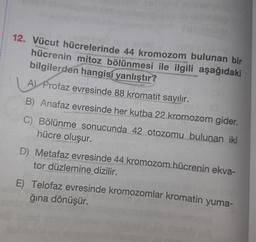 12. Vücut hücrelerinde 44 kromozom bulunan bir
hücrenin mitoz bölünmesi ile ilgili aşağıdaki
bilgilerden hangisi yanlıştır?
A) Profaz evresinde 88 kromatit sayılır.
B) Anafaz evresinde her kutba 22 kromozom gider.
C) Bölünme sonucunda 42 otozomu bulunan iki
hücre oluşur.
D) Metafaz evresinde 44 kromozom hücrenin ekva-
tor düzlemine dizilir.
E) Telofaz evresinde kromozomlar kromatin yuma-
ğına dönüşür.