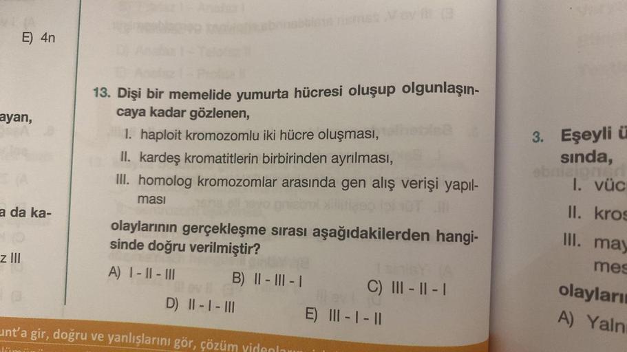 E) 4n
ayan,
a da ka-
z III
13. Dişi bir memelide yumurta hücresi oluşup olgunlaşın-
caya kadar gözlenen,
1. haploit kromozomlu iki hücre oluşması,
II. kardeş kromatitlerin birbirinden ayrılması,
III. homolog kromozomlar arasında gen alış verişi yapıl-
ması