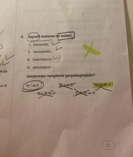 →
ve tü-
ve III
4. Saprofit beslenen bir bakteri,
I. fotosentez,
II. kemosentez,
III. fosforilasyon, (-)
IV. dehidrasyon
olaylarından hangilerini gerçekleştirebilir?
A) I ve II
B. ve IV
BLve t
Sve IV
Ekill ve IV
11