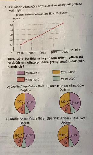 3. Bir fidanın yıllara göre boy uzunlukları aşağıdaki grafikte
verilmiştir.
Grafik: Fidanın Yıllara Göre Boy Uzunlukları
Boy (cm)
36
34
30
22
12
0
2016 2017 2018
2020
2019
Buna göre bu fidanın boyundaki artışın yıllara gö-
re dağılımını gösteren daire graf
