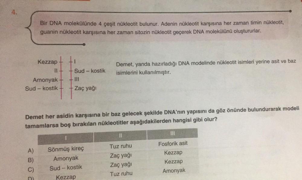 Bir DNA molekülünde 4 çeşit nükleotit bulunur. Adenin nükleotit karşısına her zaman timin nükleotit,
guanin nükleotit karşısına her zaman sitozin nükleotit geçerek DNA molekülünü oluştururlar.
Kezzap
A)
B)
C)
11-
Sud - kostik
Amonyak-
Sud-kostik - Zaç yağı