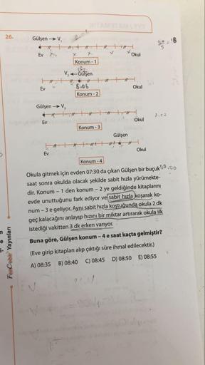 26.
FenCebir Yayınları
Gülşen → V₁
Ev
Ev
Ev
r
Gülşen → V3
Ev
Konum - 1
V₂ ◄Gülşen
#1
8.06
Konum-2
Konum-3
+ Okul
4.
Gülşen
++ # , #
Okul
Okul
Okul
ko
8.52
Konum-4
Okula gitmek için evden 07:30 da çıkan Gülşen bir buçuk 9.00
saat sonra okulda olacak şekilde