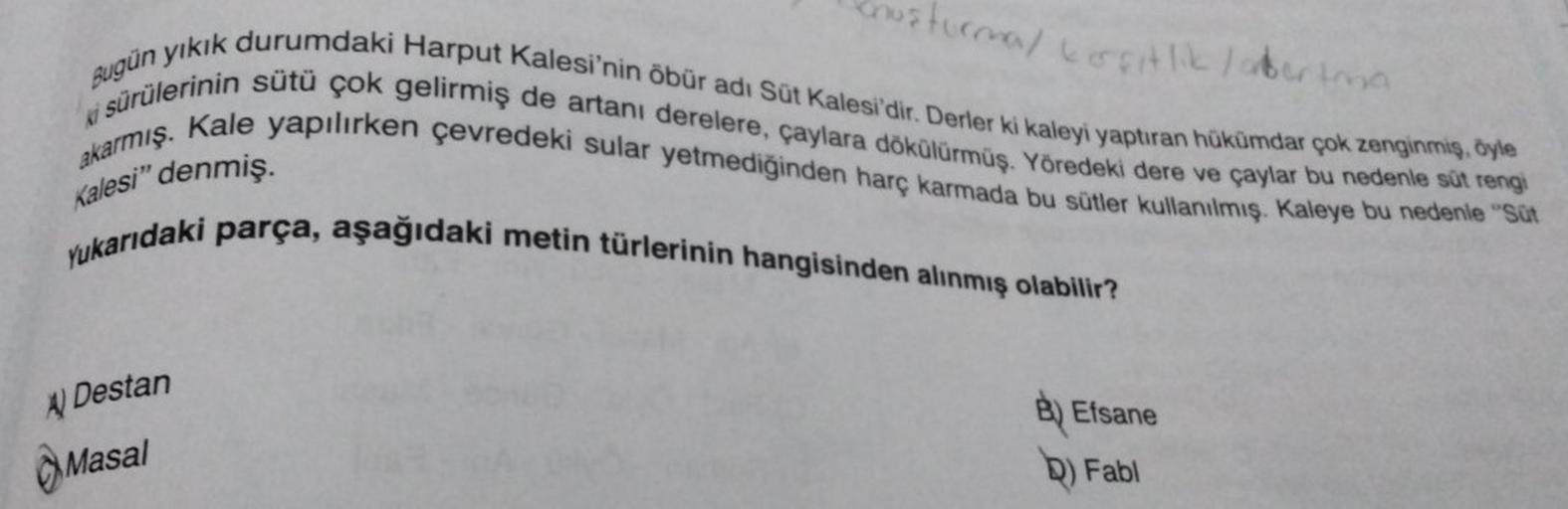 Lonuşturma/ kerşıtlık / abertma
Bugün yıkık durumdaki Harput Kalesi'nin öbür adı Süt Kalesi'dir. Derler ki kaleyi yaptıran hükümdar çok zenginmiş, öyle
sürülerinin sütü çok gelirmiş de artanı derelere, çaylara dökülürmüş. Yöredeki dere ve çaylar bu nedenle