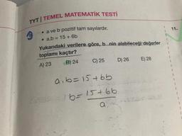 TYT TEMEL MATEMATİK TESTİ
9
• a ve b pozitif tam sayılardır.
. a.b = 15 + 6b
Yukarıdaki verilere göre, b nin alabileceği değerler
toplamı kaçtır?
A) 23
B) 24
C) 25
a₁b = 15+bb
6=15+66
a
D) 26
E) 28
11.
1
