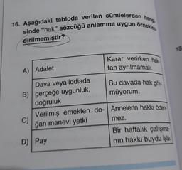 16. Aşağıdaki tabloda verilen cümlelerden hang
sinde "hak" sözcüğü anlamına uygun örneklen
dirilmemiştir?
A) Adalet
Dava veya iddiada
B) gerçeğe uygunluk,
doğruluk
Karar verirken hak
tan ayrılmamalı.
D) Pay
Bu davada hak gör-
müyorum.
C)
Verilmiş emekten do- Annelerin hakkı öden
ğan manevi yetki
mez.
Bir haftalık çalışma
nın hakkı buydu işte.
18