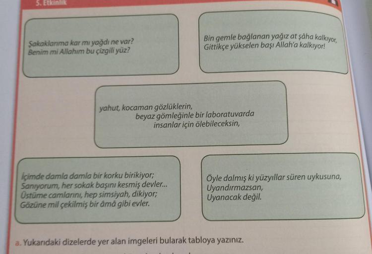 5. Etkinlik
Şakaklarıma kar mı yağdı ne var?
Benim mi Allahım bu çizgili yüz?
yahut, kocaman gözlüklerin,
Bin gemle bağlanan yağız at şaha kalkıyor,
Gittikçe yükselen başı Allah'a kalkıyor!
beyaz gömleğinle bir laboratuvarda
insanlar için ölebileceksin,
iç