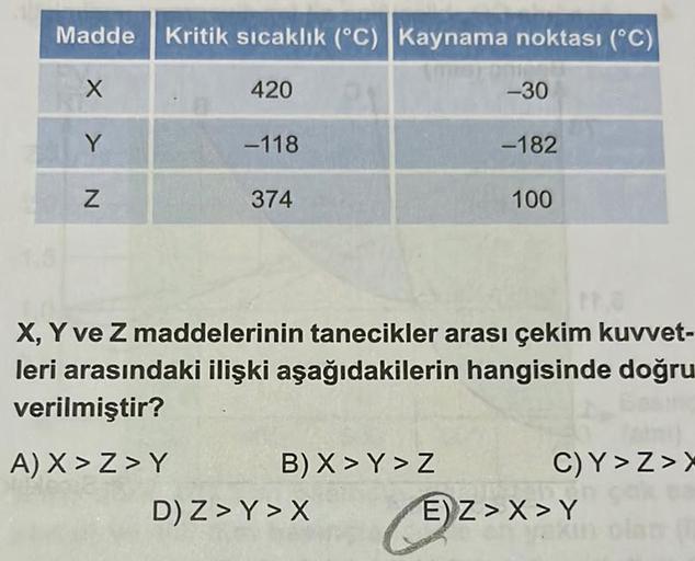 Madde Kritik sıcaklık (°C) Kaynama noktası (°C)
X
N<
Y
Z
420
-118
374
B) X>Y > Z
-30
D) Z> Y>X
-182
tra
X, Y ve Z maddelerinin tanecikler arası çekim kuvvet-
leri arasındaki ilişki aşağıdakilerin hangisinde doğru
verilmiştir?
A) X>Z>Y
100
C)Y>Z>X
E) Z>X>Y
