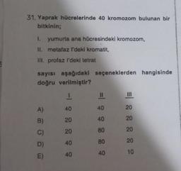 31. Yaprak hücrelerinde 40 kromozom bulunan bir
bitkinin;
1. yumurta ana hücresindeki kromozom,
II.
metafaz l'deki kromatit,
III. profaz l'deki tetrat
sayısı aşağıdaki seçeneklerden hangisinde
doğru verilmiştir?
A)
B)
C)
D)
E)
8 8 8 8 8 1-
20
11
40
40
80
80
40
|||
20
20
20
20
10