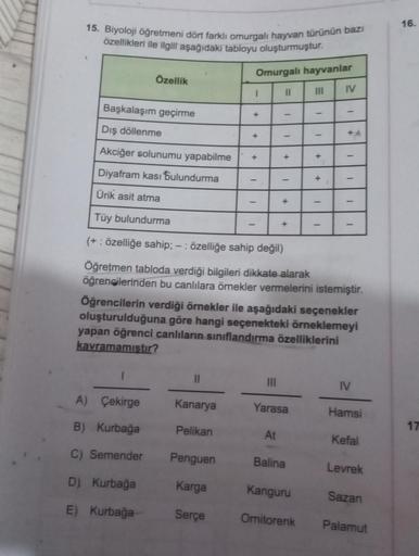 15. Biyoloji öğretmeni dört farklı omurgalı hayvan türünün bazı
özellikleri ile ilgili aşağıdaki tabloyu oluşturmuştur.
Özellik
A) Çekirge
B) Kurbağa
C) Semender
D) Kurbağa
E) Kurbağa
Kanarya
Pelikan
Omurgalı hayvanlar
Penguen
Karga
Serçe
I
Başkalaşım geçi