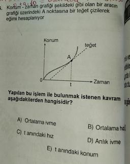 5. Konum-zaman grafiği şekildeki gibi olan bir aracın
grafiği üzerindeki A noktasına bir teğet çizilerek
eğimi hesaplanıyor
Konum
A
A) Ortalama ivme
C) tanındaki hız
t
teğet
Zaman
Yapılan bu işlem ile bulunmak istenen kavram
aşağıdakilerden hangisidir?
s ve
e
E) tanındaki konum
unda
B) Ortalama hzl
D) Anlık ivme