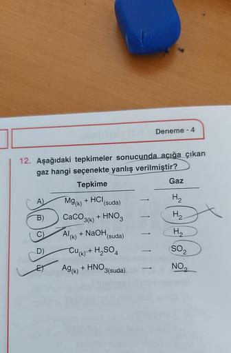 12. Aşağıdaki tepkimeler sonucunda açığa çıkan
gaz hangi seçenekte yanlış verilmiştir?
Tepkime
A)
B)
D)
Mg(K)
CaCO
+HCI (suda)
3(k)
Ag (k)
Al(k) + NaOH(suda)
+ H₂SO4
Cu(k)
+ HNO3
+ HNO.
Deneme - 4
3(suda)
Gaz
H₂
H₂
H₂
SO₂
NO₂