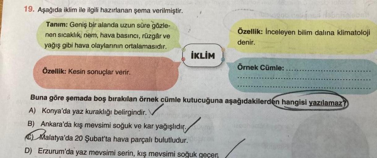 19. Aşağıda iklim ile ilgili hazırlanan şema verilmiştir.
Tanım: Geniş bir alanda uzun süre gözle-
nen sıcaklık, nem, hava basıncı, rüzgâr ve
yağış gibi hava olaylarının ortalamasıdır.
Özellik: Kesin sonuçlar verir.
İKLİM
caun fabricabati
Özellik: İnceleye