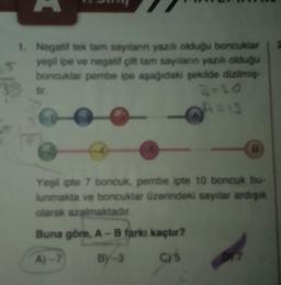 1. Negatif tek tam sayıların yazılı olduğu boncuklar
yeşil ipe ve negatif çift tam sayıların yazılı olduğu
boncuklar pembe ipe aşağıdaki şekilde dizilmiş
8
Yeşil ipte 7 boncuk, pembe ipte 10 boncuk bu-
lunmakta ve boncuklar üzerindeki sayılar ardışık
olarak azalmaktadır.
Buna göre, A-B farkı kaçtır?
A)-7
BY-3
CYS