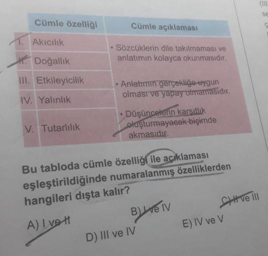 Cümle özelliği
Akıcılık
Doğallık
III. Etkileyicilik
IV. Yalınlık
V. Tutarlılık
Sözcüklerin dile takılmaması ve
anlatımın kolayca okunmasıdır.
•
Cümle açıklaması
Anlatımın gerçekliğe uygun
olması ve yapay olmamasıdır.
●
Düşüncelerin karşıtlık
oluşturmayacak