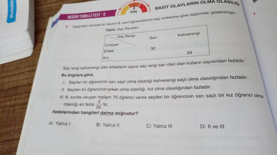 Pekiştirme Testi
BECERİ TEMELLI TEST-5
6.
OLASILIĞI
Aşağıdaki tabloda bir okulun 8. sınıf öğrencilerinin saç renklerine göre dağılımları gösterilmiştir.
Tablo: Saç Renkleri
Saç Rengi
Cinsiyet
Erkek
A) Yalnız I
Kız
BASİT OLAYLARIN OLMA
GÜÇ
B) Yalnız II
Sarı