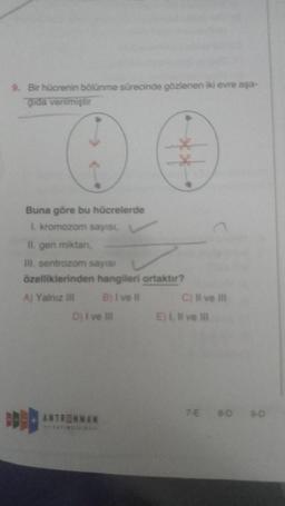 9. Bir hücrenin bölünme sürecinde gözlenen iki evre aşa-
gida verilmiştir
Buna göre bu hücrelerde
I, kromozom sayısı,
II. gen miktan,
III. sentrozom sayısı
özelliklerinden hangileri ortaktır?
A) Yalnız ill
B) I ve Il
D) I ve Ill
*
ANTRENMAN
C) II ve III
E) 1, Il ve ill
7-E 8-D