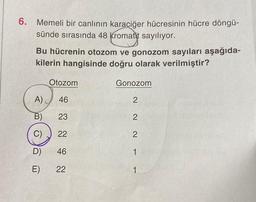 6. Memeli bir canlının karaciğer hücresinin hücre döngü-
sünde sırasında 48 Kromatit sayılıyor.
Bu hücrenin otozom ve gonozom sayıları aşağıda-
kilerin hangisinde doğru olarak verilmiştir?
A)
B)
C)
D)
E)
Otozom
46
23
22
46
22
Gonozom
22 N
2