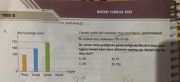 TEST 5
1.
Boy Uzunluğu (cm)
170
160
150 --
0
ilhan Ender İsmail Murat
VERİ ANALİZİ
Kişiler
Yandaki grafik dört arkadaşın boy uzunluğunu göstermektedir.
Bu kişilerin boy ortalaması 150 cm'dir.
Bu veriler daire grafiğinde gösterildiğinde Murat'ın boy uzun-
luğunu temsil eden daire diliminin merkez açı ölçüsü kaç de-
rece olur?
A) 36
C) 90
BECERI TEMELLI TEST
15x
B) 72
D) 120
15