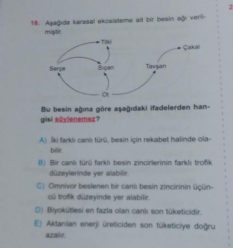 18. Aşağıda karasal ekosisteme ait bir besin ağı veril-
miştir.
Serçe
Tilki
Siçan
Ot
Tavşan
Çakal
Bu besin ağına göre aşağıdaki ifadelerden han-
gisi söylenemez?
A) Iki farklı canlı türü, besin için rekabet halinde ola-
bilir.
B) Bir canlı türü farklı besi