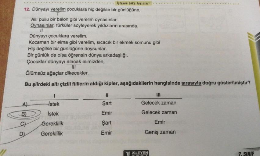 Işleyen Zeka Yayınları
12. Dünyayı verelim çocuklara hiç değilse bir günlüğüne,
Dünyayı çocuklara verelim.
Kocaman bir elma gibi verelim, sıcacık bir ekmek somunu gibi
Hiç değilse bir günlüğüne doysunlar.
Bir günlük de olsa öğrensin dünya arkadaşlığı.
Çocu