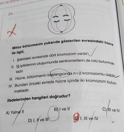 eri ve
24.
L
f J
Mitoz bölünmenin yukarıda gösterilen evresindeki hücre
ile ilgili,
1. Şekildeki evresinde dört kromozom vardır.
f d
II. İğ ipliklerinin oluşumunda sentromerlerin de rolü bulunmak-
tadır.
III. Hücre, bölünmenin başlangıcında n=2 kromozomlu olabilir
IV. Bundan önceki evrede hücre içinde iki kromozom bulun-
maktadır.
A) Yalnız II
ifadelerinden hangileri doğrudur?
D) I, II ve III
B) I ve II
E) I, III ve IV
C) Il ve IV