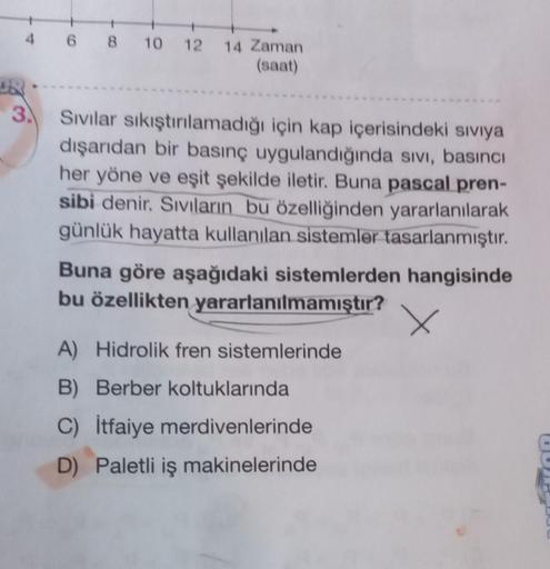 4 6 8
10 12 14 Zaman
(saat)
3. Sivilar sıkıştırılamadığı için kap içerisindeki sıvıya
dışarıdan bir basınç uygulandığında sıvı, basıncı
her yöne ve eşit şekilde iletir. Buna pascal pren-
sibi denir. Sıvıların bu özelliğinden yararlanılarak
günlük hayatta k