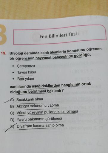 B
19. Biyoloji dersinde canlı âlemlerin konusunu öğrenen
bir öğrencinin hayvanat bahçesinde gördüğü;
Şempanze
• Tavus kuşu
Boa yılanı
Fen Bilimleri Testi
canlılarında aşağıdakilerden hangisinin ortak
olduğunu belirtmesi beklenir?
HOCHWERIN
A) Sıcakkanlı ol