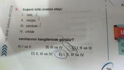 10. SINIF SARMAL BİYOLOJİ
9. Soğanlı bitki üretimi olayı;
1. lale, √
II. nergis,
III. zambak,
IV. orkide
✓
✓
canlılarının hangilerinde görülür?
A) I ve II
B) III ve IV
D) II, III ve IV
I, II ve III
E) I, II, III ve IV
36
A
U
C
liv