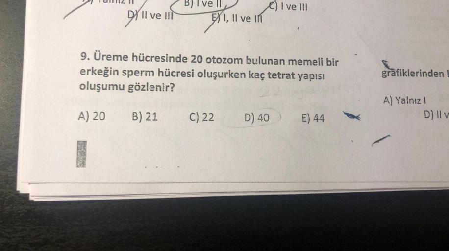 DY'll ve
A) 20
II ve III
B) I ve II
EXI, II ve In
9. Üreme hücresinde 20 otozom bulunan memeli bir
erkeğin sperm hücresi oluşurken kaç tetrat yapısı
oluşumu gözlenir?
B) 21
C) 22
I ve III
D) 40
E) 44
grafiklerinden
A) Yalnız I
D) II v