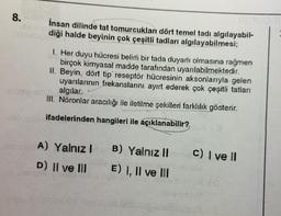 8.
insan dilinde tat tomurcukları dört temel tadı algılayabil-
diği halde beyinin çok çeşitli tadları algılayabilmesi;
1. Her duyu hücresi belirli bir tada duyarlı olmasına rağmen
birçok kimyasal madde tarafından uyarılabilmektedir.
II. Beyin, dört tip reseptör hücresinin aksonlarıyla gelen
uyarılarının frekanslarını ayırt ederek çok çeşitli tatları
algılar.
III. Nöronlar aracılığı ile iletilme şekilleri farklılık gösterir.
ifadelerinden hangileri ile açıklanabilir?
A) Yalnız I
D) II ve III
B) Yalnız II
E) I, II ve III
9
c) I ve II