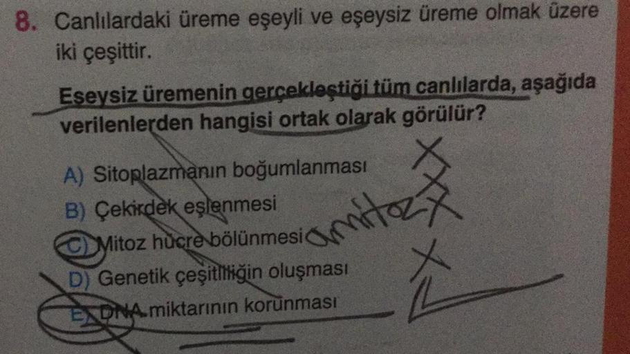 8. Canlılardaki üreme eşeyli ve eşeysiz üreme olmak üzere
iki çeşittir.
Eseysiz üremenin gerçekleştiği tüm canlılarda, aşağıda
verilenlerden hangisi ortak olarak görülür?
A) Sitoplazmanın boğumlanması
B) Çekirdek eşlenmesi
C) Mitoz hücre bölünmesi
D) Genet