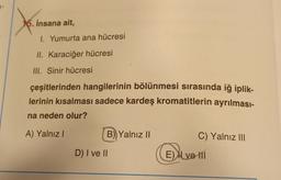 15. insana ait,
1. Yumurta ana hücresi
II. Karaciğer hücresi
III. Sinir hücresi
çeşitlerinden hangilerinin bölünmesi sırasında iğ iplik-
lerinin kısalması sadece kardeş kromatitlerin ayrılması-
na neden olur?
A) Yalnız I
B) Yalnız II
D) I ve II
C) Yalnız III
E) ve Ill