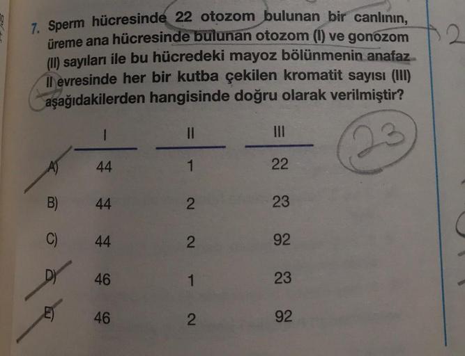 7. Sperm hücresinde 22 otozom bulunan bir canlının,
üreme ana hücresinde bulunan otozom (1) ve gonozom
(II) sayıları ile bu hücredeki mayoz bölünmenin anafaz
Il evresinde her bir kutba çekilen kromatit sayısı (III)
aşağıdakilerden hangisinde doğru olarak v