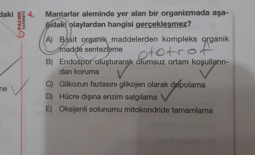 daki
ne
PALME
YAYINEVİ
4. Mantarlar aleminde yer alan bir organizmada aşa-
ğıdaki olaylardan hangisi gerçekleşmez?
A) Basit organik maddelerden kompleks organik
madde sentezleme ototrof
B)
Endospor oluşturarak olumsuz ortam koşulların-
dan koruma
koşulları