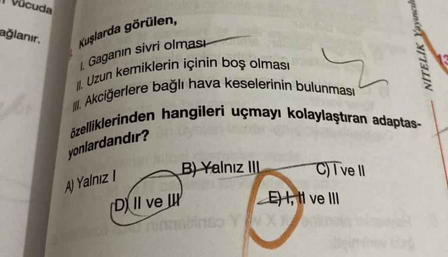 ücuda
ağlanır.
Kuşlarda görülen,
1. Gaganın sivri olması
II. Uzun kemiklerin içinin boş olması
özelliklerinden hangileri uçmayı kolaylaştıran adaptas-
III. Akciğerlere bağlı hava keselerinin bulunması
yonlardandır?
A) Yalnız I
DX II ve II
B) Yalnız III
Tur