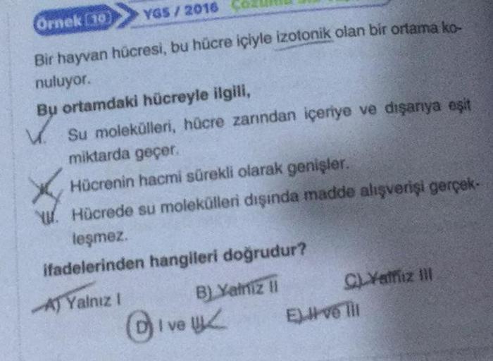 YGS/2016
Ornek (10)
Bir hayvan hücresi, bu hücre içiyle izotonik olan bir ortama ko-
nuluyor.
Bu ortamdaki hücreyle ilgili,
Su molekülleri, hücre zarından içeriye ve dışarıya eşit
miktarda geçer.
Hücrenin hacmi sürekli olarak genişler.
Hücrede su molekülle