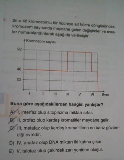 4. 2n = 46 kromozomlu bir hücreye ait hücre döngüsündeki
kromozom sayısında meydana gelen değişimler ve evre-
ler numaralandırılarak aşağıda verilmiştir.
Kromozom sayısı
92
46
23
1
||
IV
V
VI Evre
Buna göre aşağıdakilerden hangisi yanlıştır?
AY 1, interfaz