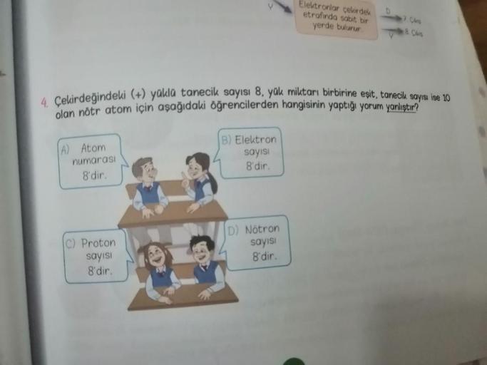A) Atom
numarası
8'dir.
Y
Proton
sayısı
8'dir.
4. Çekirdeğindeki (+) yüklü tanecik sayısı 8, yük miktarı birbirine eşit, tanecik sayısı ise 10
olan nötr atom için aşağıdaki öğrencilerden hangisinin yaptığı yorum yanlıştır?
B) Elektron
sayısı
8'dir.
Elektro