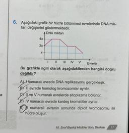 e
6. Aşağıdaki grafik bir hücre bölünmesi evrelerinde DNA mik-
tarı değişimini göstermektedir.
4 DNA miktarı
4%
2x
%
1 11 III IV V Evreler
Bu grafikle ilgili olarak aşağıdakilerden hangisi doğru
değildir?
A) humaralı evrede DNA replikasyonu gerçekleşir.
PII. evrede homolog kromozomlar ayrılır.
Ive V numaralı evrelerde sitoplazma bölünür.
IV numaralı evrede kardeş kromatitler ayrılır.
numaralı evrenin sonunda diploit kromozomlu iki
hücre oluşur.
10. Sınıf Biyoloji Modüler Soru Bankası 17