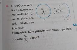 7
3. O, ve O₂ merkezli
K ve L kürelerinin
merkezlerine 21
ve 41 şiddetinde
ışık kaynakları
21 r
0₁
ri oranı
K
41
02
3r
60°
470
konuluyor.
Buna göre, küre yüzeylerinde oluşan ışık akıla-
OK
PL
kaçtır? (T
CA