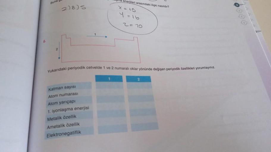 Buna yu
2)8)S
Katman sayısı
Atom numarası
Atom yarıçapı
1. iyonlaşma enerjisi
Metalik özellik
Ametalik özellik
Elektronegatiflik
a enerjileri arasındaki ilişki nasıldır?
X = 15
4 =16
Yukarıdaki periyodik cetvelde 1 ve 2 numaralı oklar yönünde değişen periy