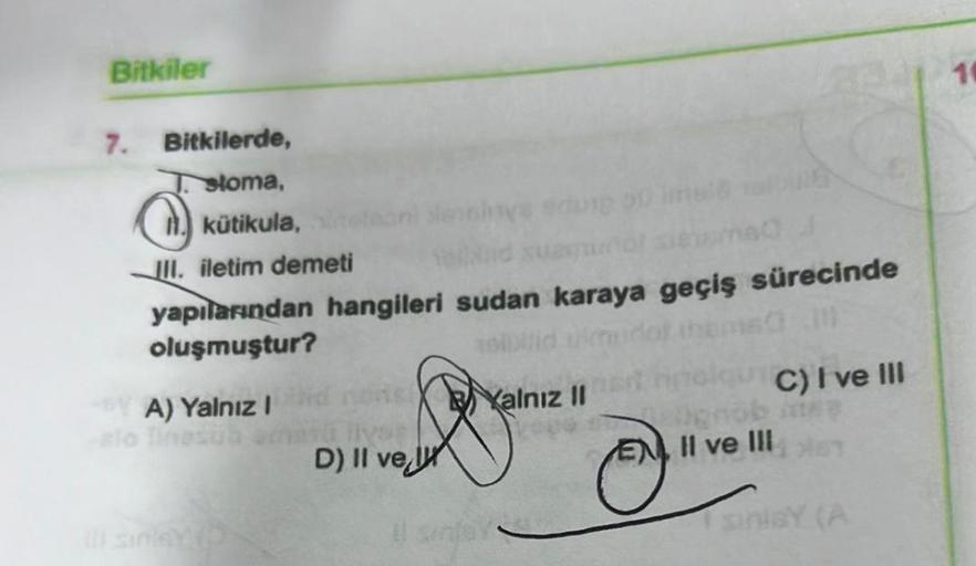 Bitkiler
7. Bitkilerde,
stoma,
kütikula,
III. iletim demeti
yapılarından hangileri sudan karaya geçiş sürecinde
oluşmuştur?
siblid
Kalnız II
A) Yalnız I
sensinys sdung 50
-alo linasub
D) II ve I
O
II ve III
C) I ve III
sinisY (A