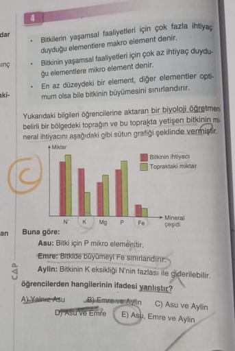 dar
sınç
aki-
an
CAP
4
●
Bitkilerin yaşamsal faaliyetleri için çok fazla ihtiyaç
duyduğu elementlere makro element denir.
Bitkinin yaşamsal faaliyetleri için çok az ihtiyaç duydu-
ğu elementlere mikro element denir.
En az düzeydeki bir element, diğer eleme