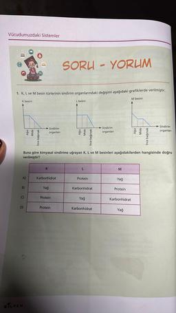 Vücudumuzdaki Sistemler
WWW
1. K, L ve M besin türlerinin sindirim organlarındaki değişimi aşağıdaki grafiklerde verilmiştir.
K besini
M besini
A)
B)
C)
D)
Ağız
Mide
Ince bağırsak
BILFEN
→Sindirim
organları
Buna göre kimyasal sindirime uğrayan K, L ve M besinleri aşağıdakilerden hangisinde doğru
verilmiştir?
K
Karbonhidrat
Yağ
SORU - YORUM
Protein
Protein
L besini
Ağız
Mide
Ince bağırsak
L
Protein
Karbonhidrat
Yağ
Sindirim
organları
Karbonhidrat
M
Yağ
Protein
Karbonhidrat
Ağız
Mide
İnce bağırsak
Yağ
Sindirim
organları