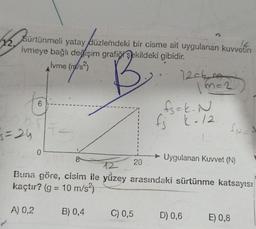 $12.
Sürtünmeli yatay düzlemdeki bir cisme ait uygulanan kuvvetin
ivmeye bağlı değişim grafiği şekildeki
gibidir.
İvme (m/s²)
B.
3=24
0
20
12-60
C) 0,5
1m=2
fs=k. N
fj k-12
fuct
Uygulanan Kuvvet (N)
Buna göre, cisim ile yüzey arasındaki sürtünme katsayısı
kaçtır? (g = 10 m/s²)
A) 0,2
B) 0,4
D) 0,6
E) 0,8